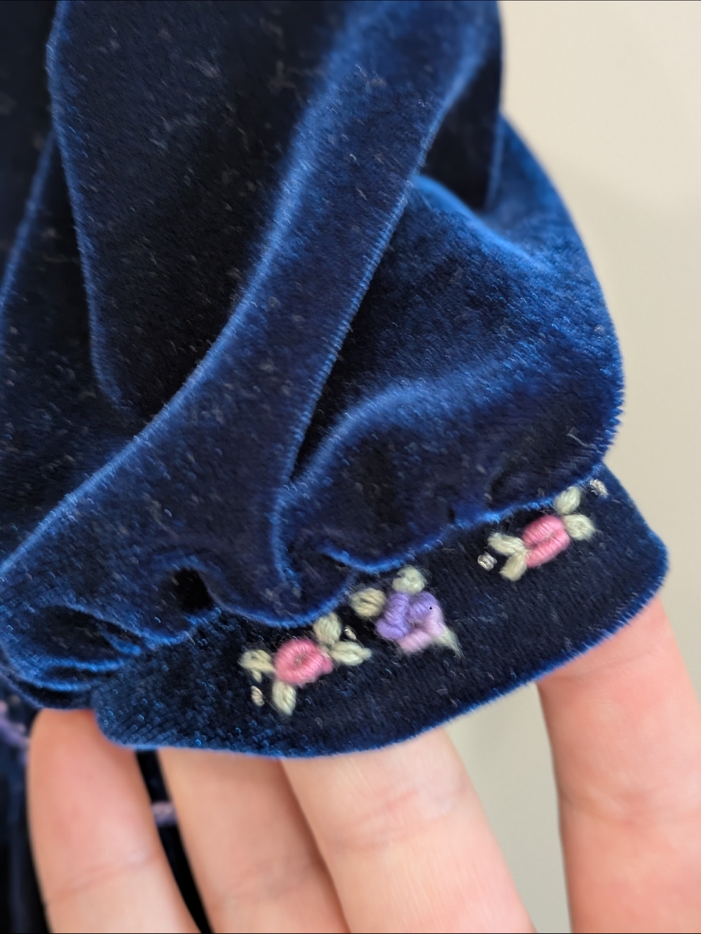Vintage Marks & Spencer Navy Velvet Dress with Pink Floral Embroidery/Smocking - Picture 5 of 7